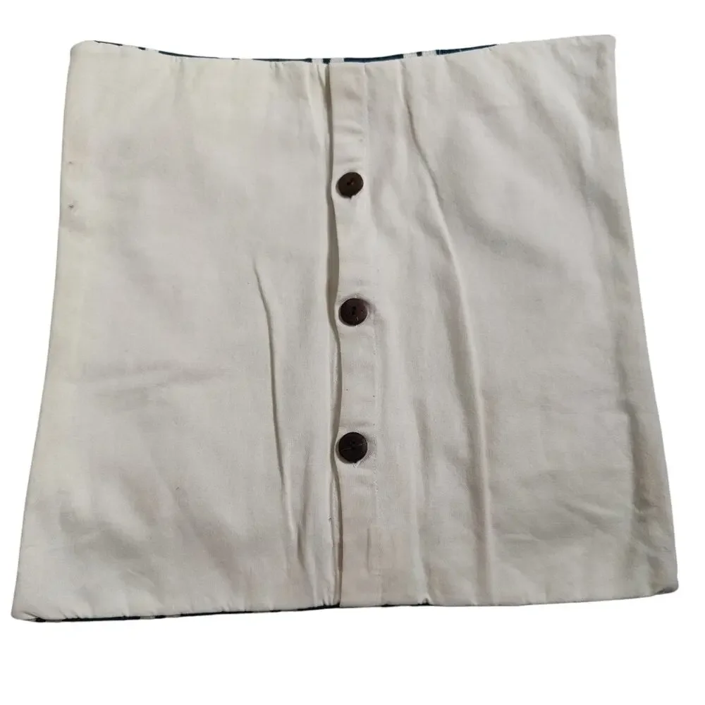 West Elm Blue Ivory Crewel Honeycomb Pillow Cover Case 18 x 18in Square Button